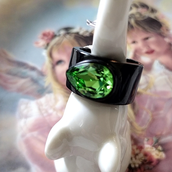 Stainless Steel Black and Green Gothic Statement Ring - Picture 3 of 11